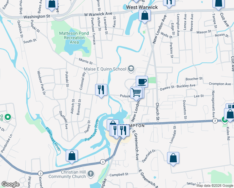 map of restaurants, bars, coffee shops, grocery stores, and more near 75 Pulaski Street in West Warwick
