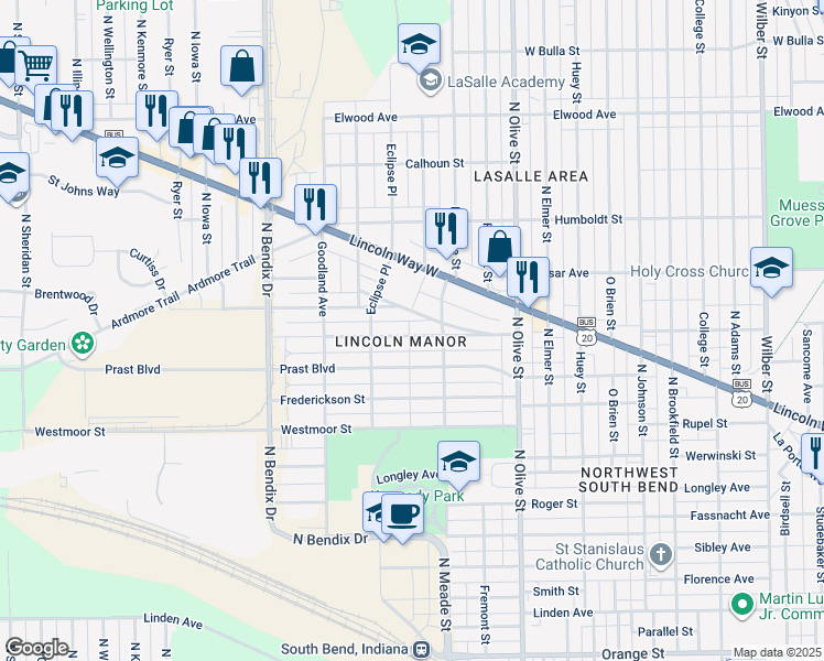 map of restaurants, bars, coffee shops, grocery stores, and more near 2629 Hartzer Street in South Bend