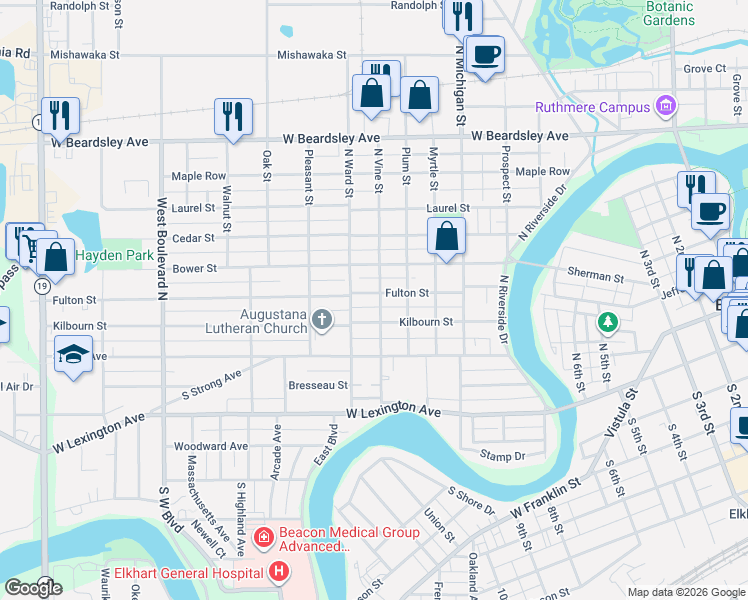 map of restaurants, bars, coffee shops, grocery stores, and more near 301 North Vine Street in Elkhart
