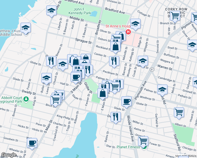 map of restaurants, bars, coffee shops, grocery stores, and more near 53 Palmer Street in Fall River