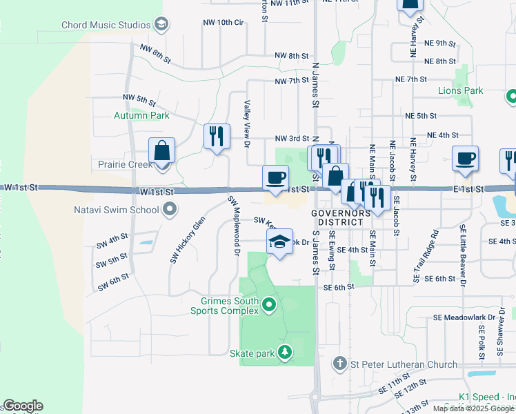 map of restaurants, bars, coffee shops, grocery stores, and more near 400 Northwest 1st Street in Grimes