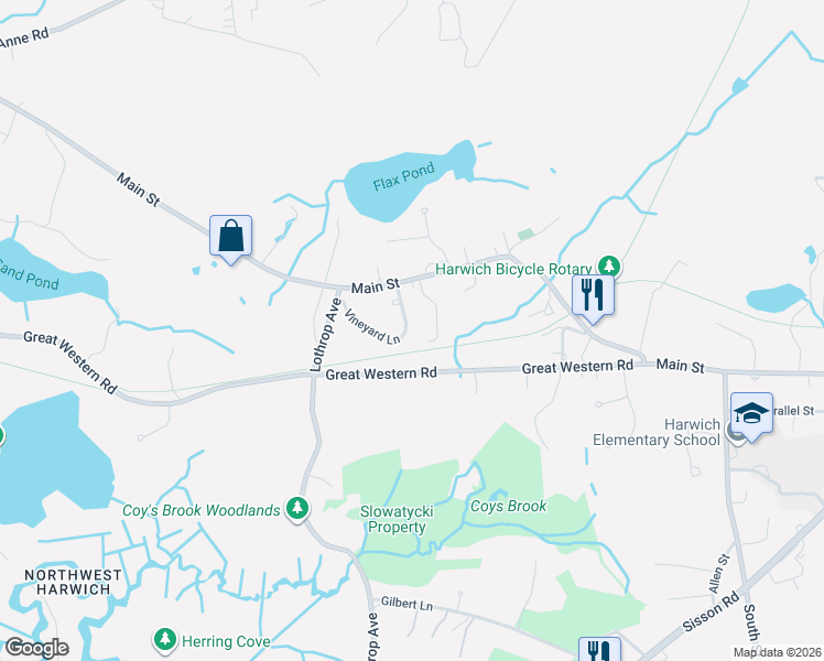 map of restaurants, bars, coffee shops, grocery stores, and more near 13 Vineyard Lane in Harwich