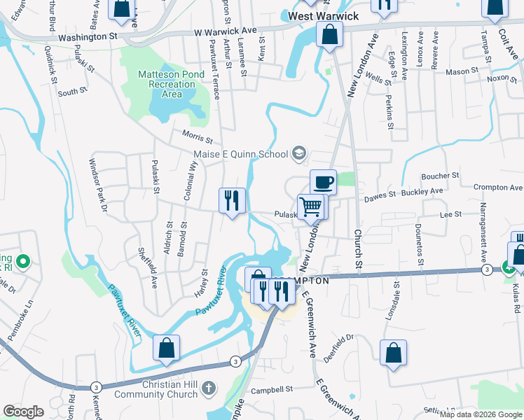 map of restaurants, bars, coffee shops, grocery stores, and more near 75 Pulaski Street in West Warwick
