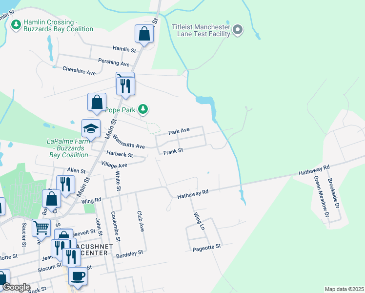 map of restaurants, bars, coffee shops, grocery stores, and more near 76 Wamsutta Avenue in Acushnet
