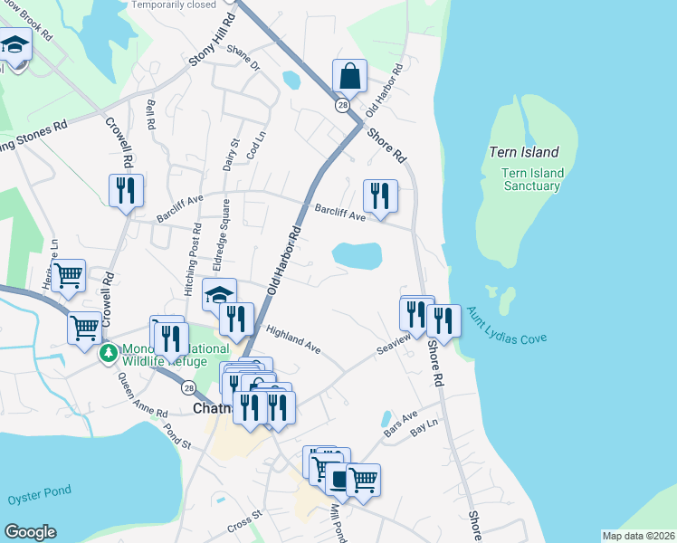 map of restaurants, bars, coffee shops, grocery stores, and more near 89 Ocean View Terrace in Chatham