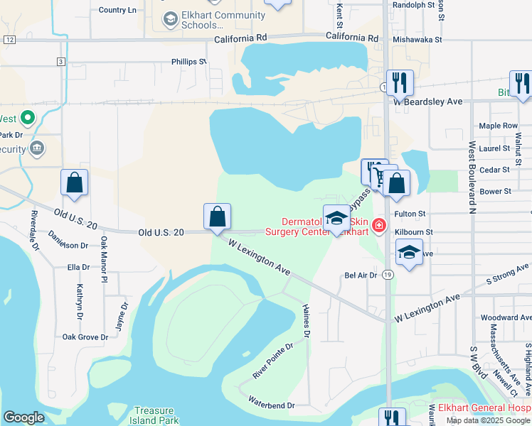 map of restaurants, bars, coffee shops, grocery stores, and more near 2528 Bypass Road in Elkhart