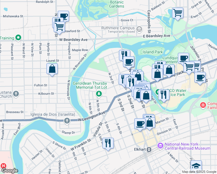 map of restaurants, bars, coffee shops, grocery stores, and more near 318 Jefferson Street in Elkhart
