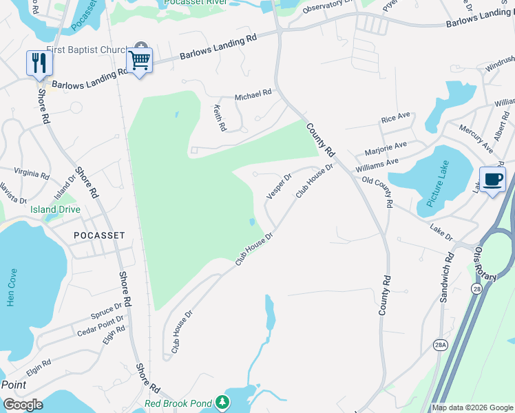 map of restaurants, bars, coffee shops, grocery stores, and more near 18 Vesper Drive in Bourne