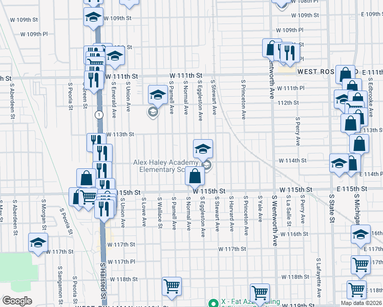 map of restaurants, bars, coffee shops, grocery stores, and more near 11329 South Normal Avenue in Chicago