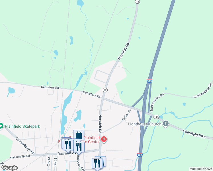 map of restaurants, bars, coffee shops, grocery stores, and more near Connecticut 12 in Plainfield