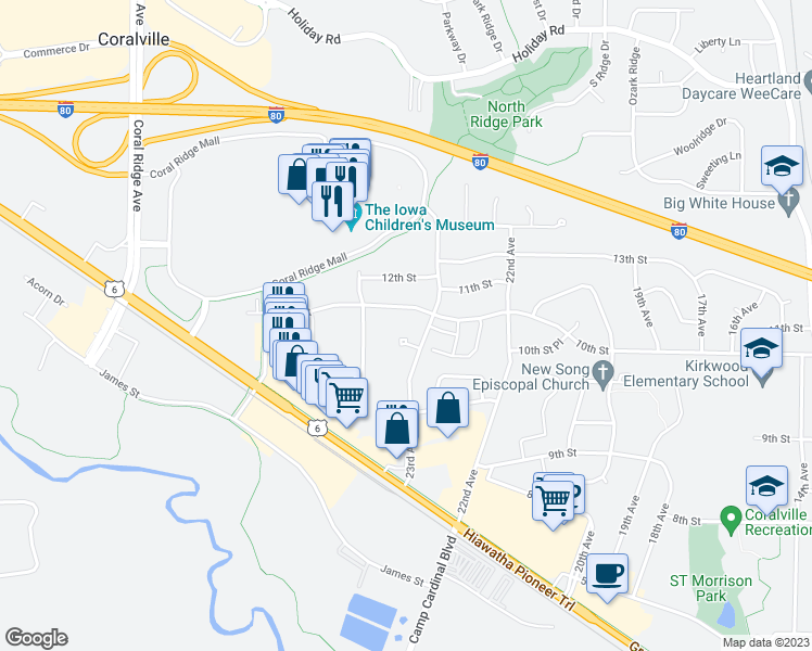 map of restaurants, bars, coffee shops, grocery stores, and more near 940 23rd Avenue Place in Coralville