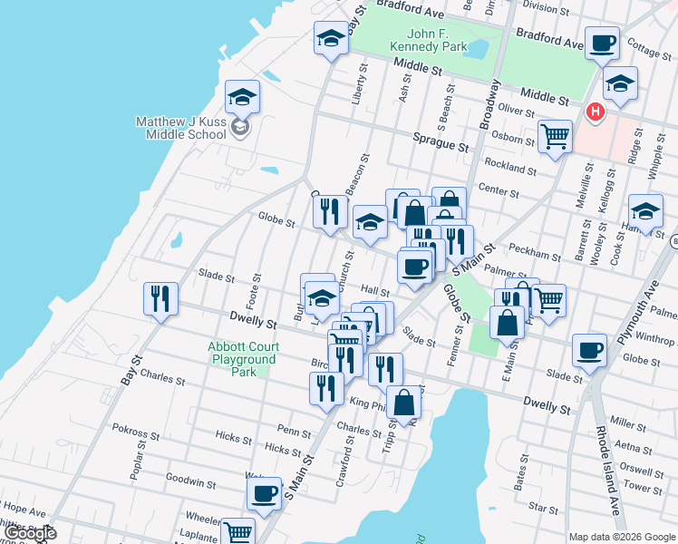 map of restaurants, bars, coffee shops, grocery stores, and more near 53 Lewis Street in Fall River