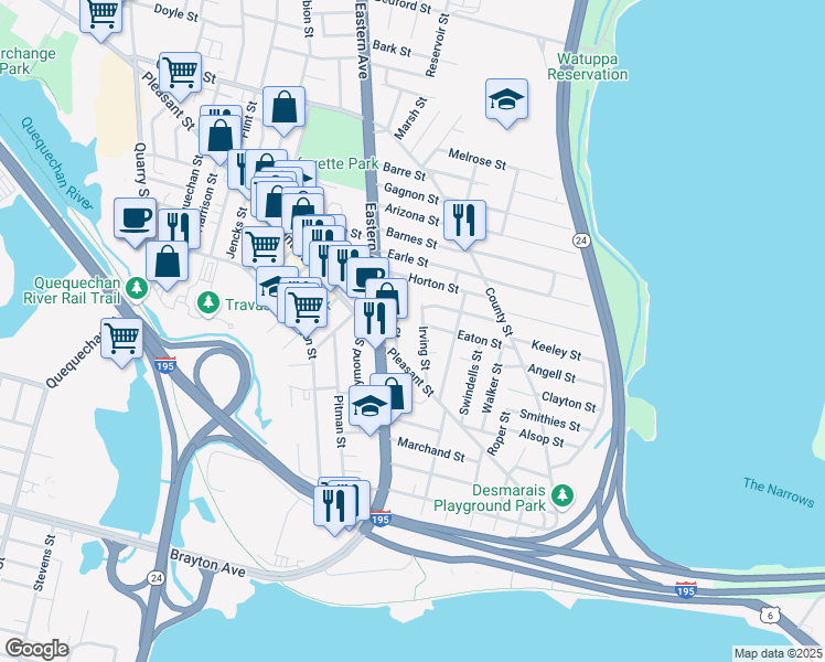 map of restaurants, bars, coffee shops, grocery stores, and more near 80 Irving Street in Fall River