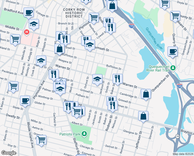 map of restaurants, bars, coffee shops, grocery stores, and more near 93 Pulaski Street in Fall River