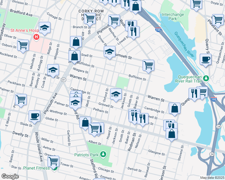 map of restaurants, bars, coffee shops, grocery stores, and more near 93 Pulaski Street in Fall River