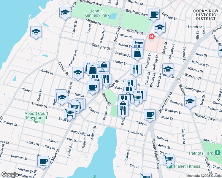 map of restaurants, bars, coffee shops, grocery stores, and more near 950 Broadway in Fall River