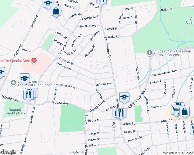 map of restaurants, bars, coffee shops, grocery stores, and more near 77 Governor Street in New Britain