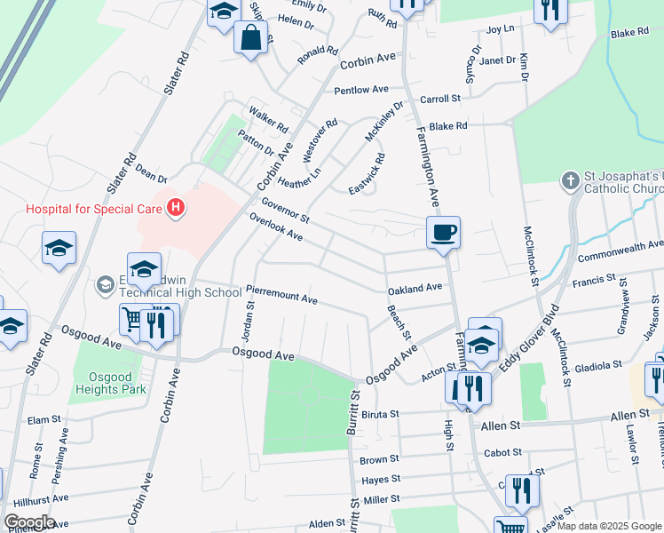 map of restaurants, bars, coffee shops, grocery stores, and more near 17 Selander Street in New Britain