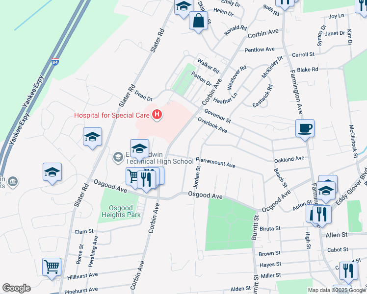 map of restaurants, bars, coffee shops, grocery stores, and more near 126 Golden Hill Street in New Britain
