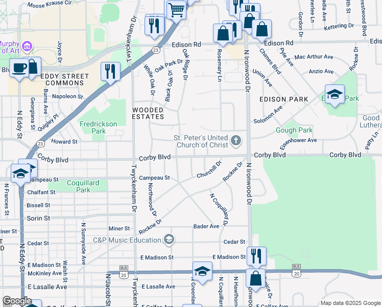 map of restaurants, bars, coffee shops, grocery stores, and more near 1802-1836 Corby Boulevard in South Bend