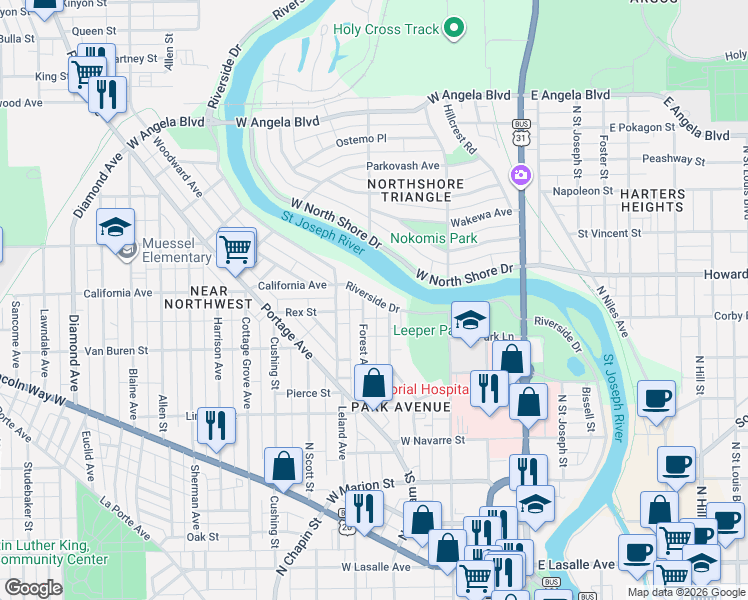 map of restaurants, bars, coffee shops, grocery stores, and more near 962-976 Riverside Drive in South Bend