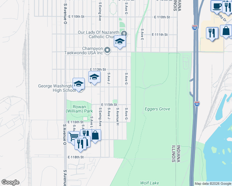 map of restaurants, bars, coffee shops, grocery stores, and more near 1968 East 114th Street in Chicago
