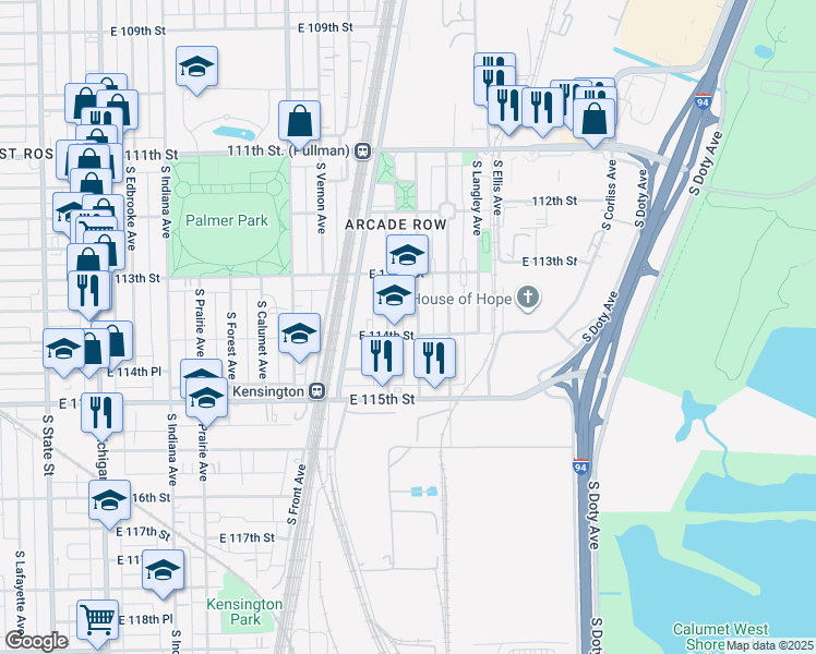 map of restaurants, bars, coffee shops, grocery stores, and more near 11339 South Forrestville Avenue in Chicago