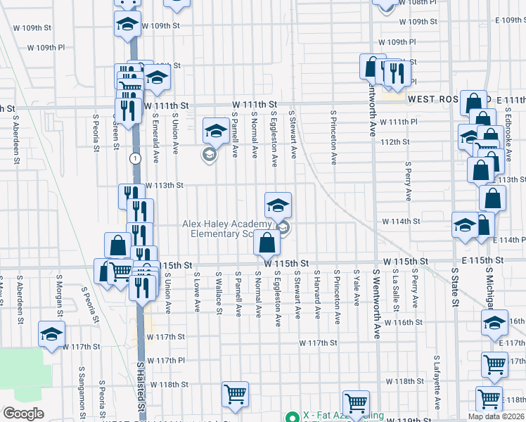 map of restaurants, bars, coffee shops, grocery stores, and more near 11329 South Normal Avenue in Chicago