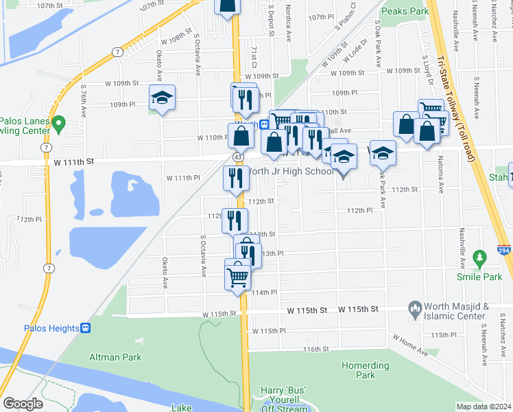 map of restaurants, bars, coffee shops, grocery stores, and more near 11156 South Preller Avenue in Worth