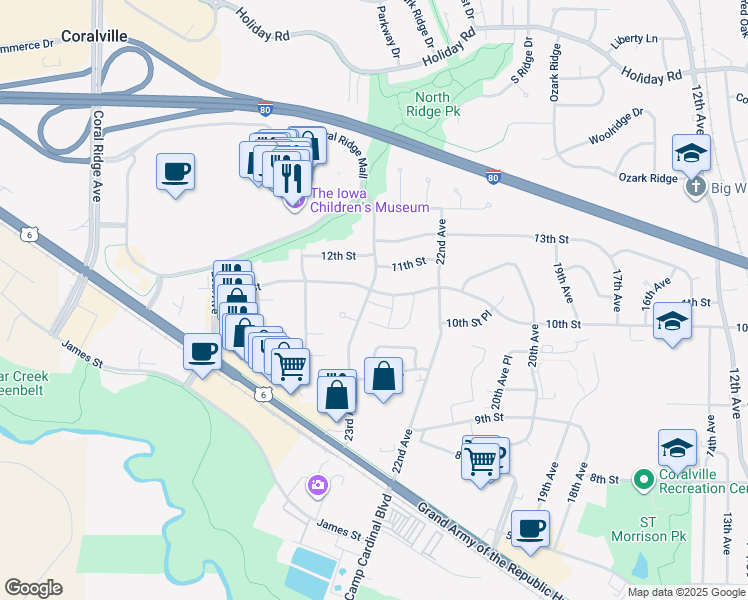map of restaurants, bars, coffee shops, grocery stores, and more near 2257 10th Street in Coralville