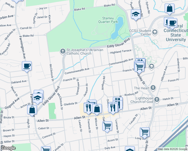 map of restaurants, bars, coffee shops, grocery stores, and more near Francis Street & Pequot Street in New Britain