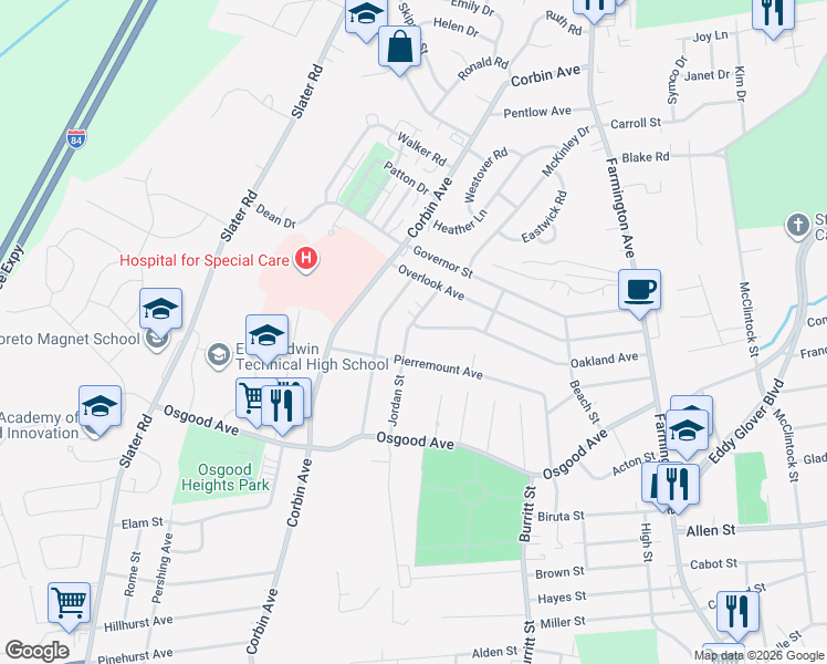 map of restaurants, bars, coffee shops, grocery stores, and more near 132 Jordan Street in New Britain