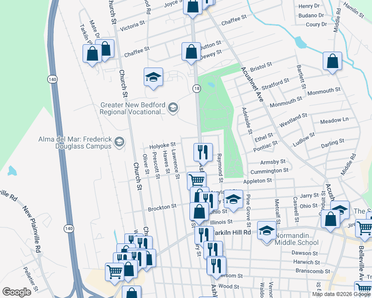 map of restaurants, bars, coffee shops, grocery stores, and more near 301 Lowell Street in New Bedford