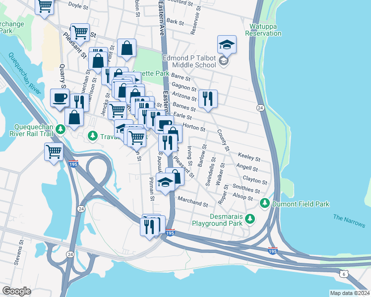 map of restaurants, bars, coffee shops, grocery stores, and more near 80 Irving Street in Fall River