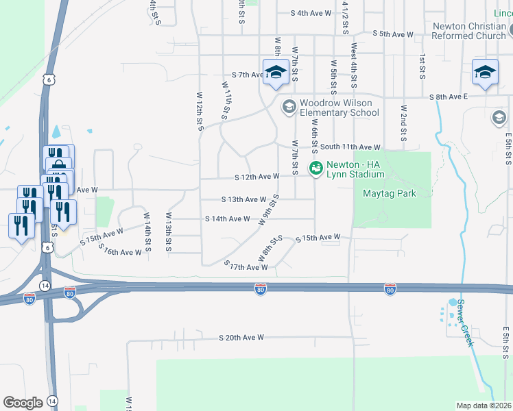 map of restaurants, bars, coffee shops, grocery stores, and more near 916 South 13th Avenue West in Newton