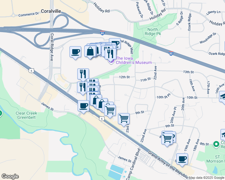 map of restaurants, bars, coffee shops, grocery stores, and more near 868 Boston Way in Coralville