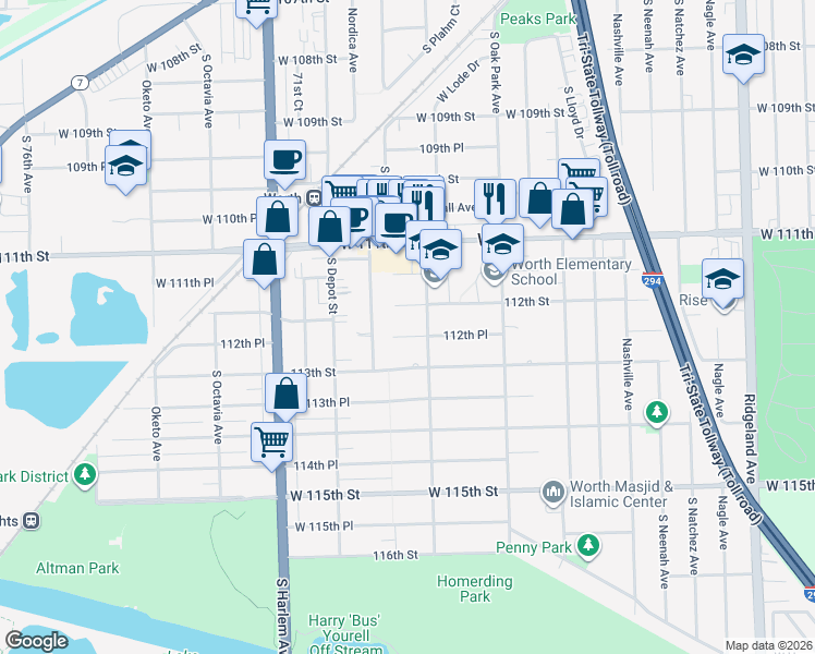map of restaurants, bars, coffee shops, grocery stores, and more near 6907 West 112th Street in Worth