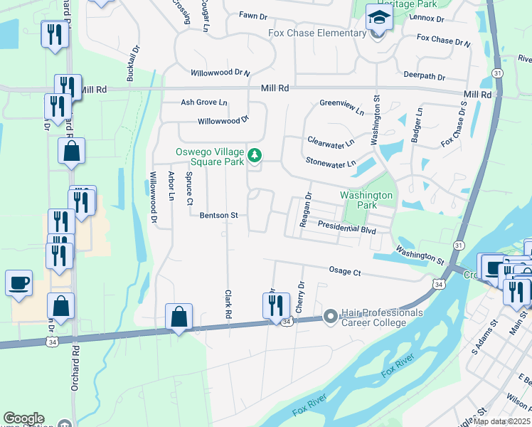 map of restaurants, bars, coffee shops, grocery stores, and more near 519 Truman Drive in Oswego