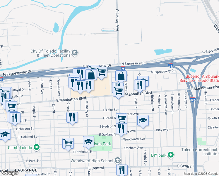 map of restaurants, bars, coffee shops, grocery stores, and more near 3565 Twining Street in Toledo
