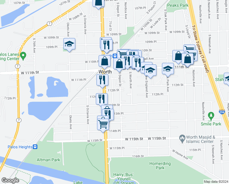 map of restaurants, bars, coffee shops, grocery stores, and more near 11201 South Preller Avenue in Worth