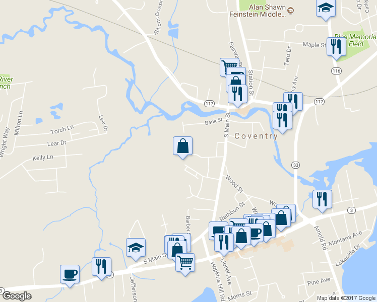 map of restaurants, bars, coffee shops, grocery stores, and more near 45 Sunapee Court in Coventry