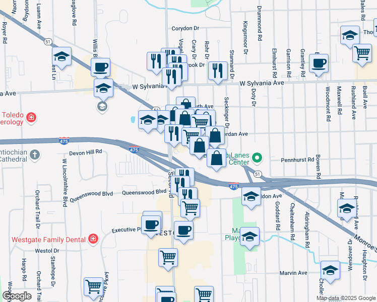 map of restaurants, bars, coffee shops, grocery stores, and more near 4531 Monroe Street in Toledo