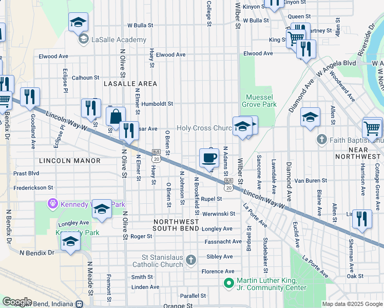 map of restaurants, bars, coffee shops, grocery stores, and more near 1010 North Johnson Street in South Bend