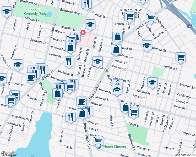 map of restaurants, bars, coffee shops, grocery stores, and more near 1135 Plymouth Avenue in Fall River