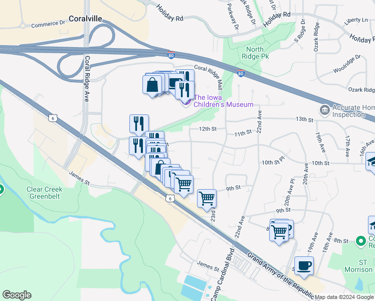 map of restaurants, bars, coffee shops, grocery stores, and more near 870 North Boston Way in Coralville