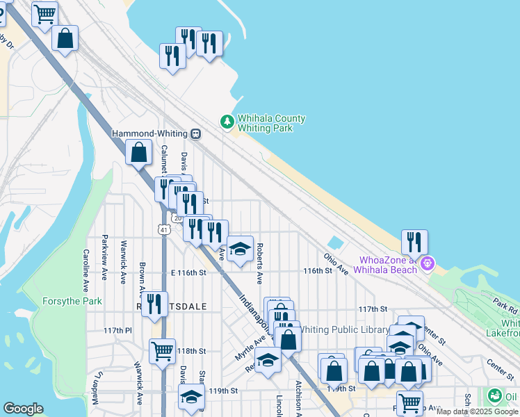 map of restaurants, bars, coffee shops, grocery stores, and more near 1401 Roberts Avenue in Whiting