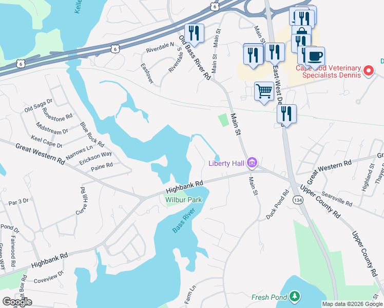 map of restaurants, bars, coffee shops, grocery stores, and more near 31 Albion Way in Dennis