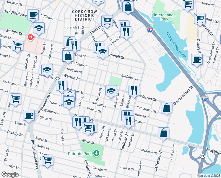 map of restaurants, bars, coffee shops, grocery stores, and more near 93 Pulaski Street in Fall River