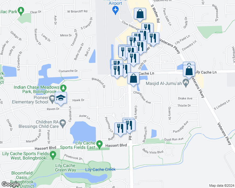 map of restaurants, bars, coffee shops, grocery stores, and more near 368 Pheasant Chase Drive in Bolingbrook