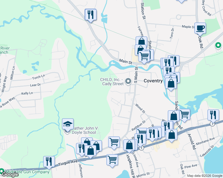 map of restaurants, bars, coffee shops, grocery stores, and more near 45 Sunapee Court in Coventry